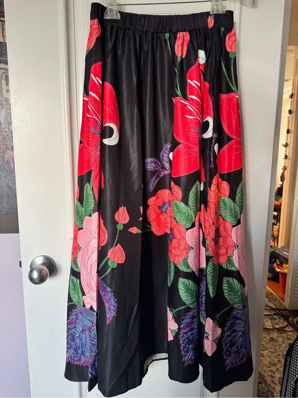 Black Floral Maxi Skirt with Red & Pink Blooms size 8/10